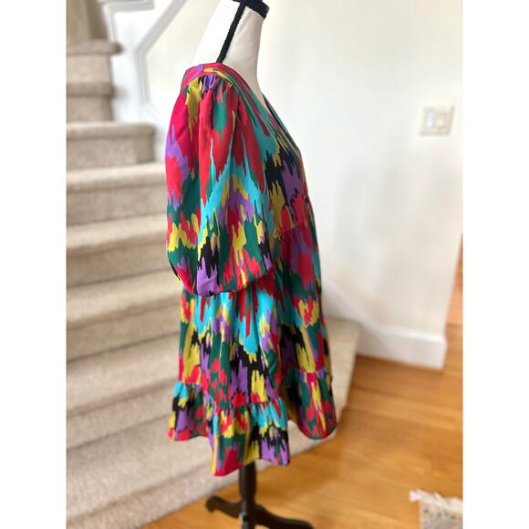 Crosby by Mollie Burch Red Multicolor Abstract Ikat Print Puff Sleeve Dress - Picture 2 of 6